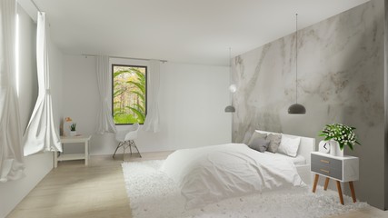 Interior of bedroom with white Marble wall,3D Rendering