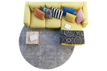 Yellow fabric sofa with gray rug and wooden coffee table. 3d render