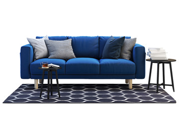 Dark blue fabric sofa with rug and round coffee tables. 3d render