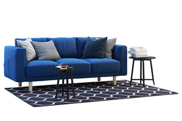 Dark blue fabric sofa with rug and round coffee tables. 3d render