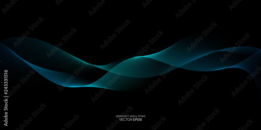 Poster Abstract vector wave line flowing green and blue color isolated on black background for design elements in concept technology, music, science, A.I.