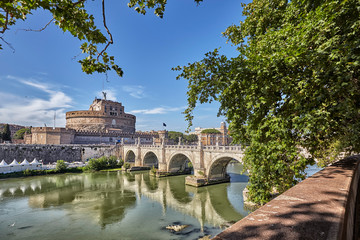 Saint Angle Castle and bridge over the Tiber river in Rome, Italy