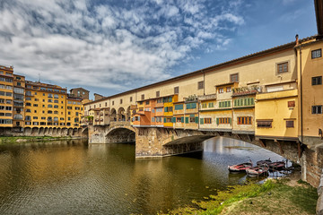 Florence or Firenze city view on Arno river, landscape with reflection. Tuscany, Italy.