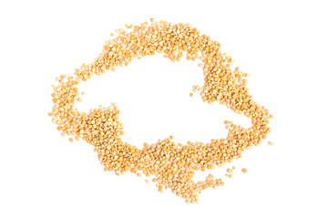 Split peas in brown bowl isolated on white background.