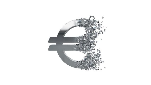 Fractured Euro value 3d model with disappearing effect. Financial crisis concept. Available in FullHD and HD video.