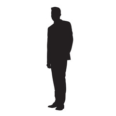 Businessman standing in suit, isolated vector silhouette. Business people