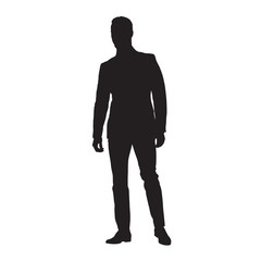Businessman standing in suit, isolated vector silhouette. Business people