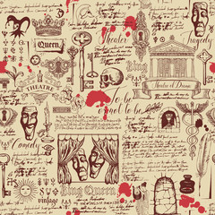 Fototapeta na wymiar Vector seamless pattern on the theme of theater and drama with drawings of theatrical masks, vintage keys and lettering. Retro wallpaper, wrapping paper or backdrop for textile with sketches and blots