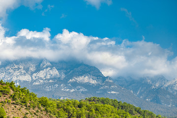 Amazing view of the mountain peak in the clouds and green mountainside. Mountain in the cloud and fog.