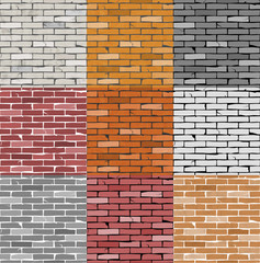 9 Seamless vector patterns. Old cracked brick wall patterns. Abstract background.