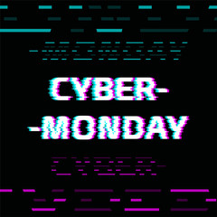 Cyber monday glitch effect text on black screen background