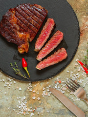 meat, steak, beef (piece). top copy space