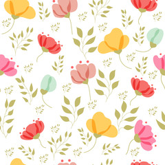 Vector floral pattern in doodle style with flowers and leaves.