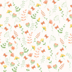 Vector floral pattern in doodle style with flowers and leaves.