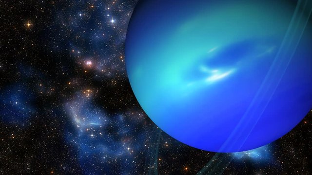 3D Animation of the Ringed Planet Neptune Spinning over Galaxy Background.  Texture Map Image Elements Furnished by NASA.
