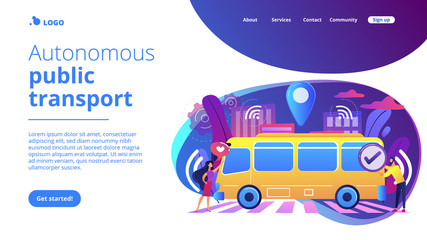 Passengers like and approve autonomos robotic driverless bus. Autonomous public transport, self-driving bus, urban transport services concept. Website vibrant violet landing web page template.