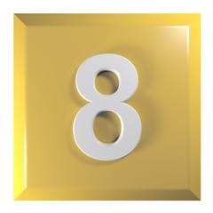 Number 8 square yellow - orange push button - 3D rendering illustration