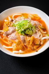 udon ramen noodle with pork and kimchi
