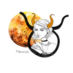 Zodiac sign Taurus. Beautiful girl with horns against the planet Venus. Zodiac constellation