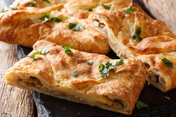 Delicious Khachapuri stuffed with Suluguni cheese, eggs close-up. horizontal