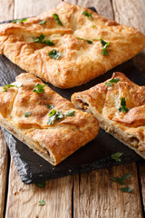 Georgian bread Khachapuri with Suluguni cheese, eggs close-up. vertical