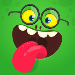 Cartoon funny monster face with eyeglasses  showing tongue. Vector illustration