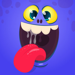 Cartoon funny monster face showing tongue. Vector illustration