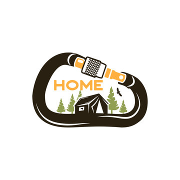Camping Wildlife Badge. Mountain climbing and forest adventure emblem in silhouette retro style. Featuring tent, trees and eagle inside the carabiner. Stock vector hiking logo isolated on white