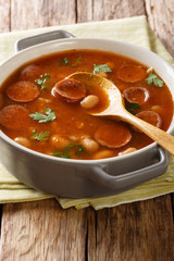 Rustic style Polish Breton beans with sausage close-up in a saucepan. vertical