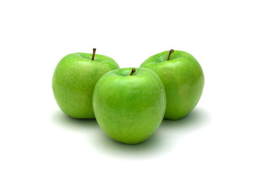 Three green apples isolated on white background.
