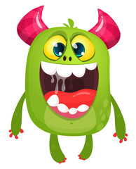 Cartoon green furry monster. Halloween vector illustration of excited monster