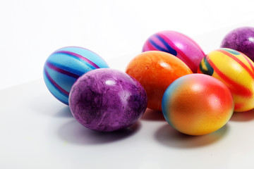 Row of Easter eggs on table. easter decoration
