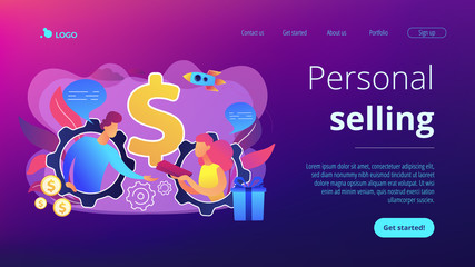 Salesperson trying to persuade customer in buying product. Personal selling, face-to-face selling technique, sales method trends concept. Website vibrant violet landing web page template.