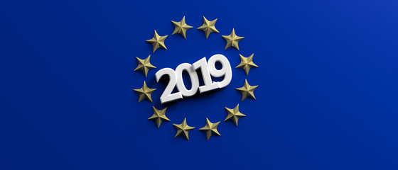 European Union election. White 2019 number in a a golden stars circle on blue background. 3d illustration