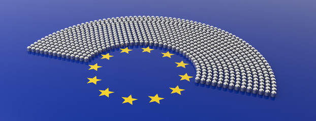 European Union parliament seats and yellow stars circle on blue background. 3d illustration
