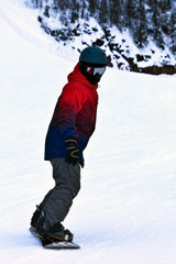 Fototapeta na wymiar rear view of a sportsman riding a mountain on a snowboard