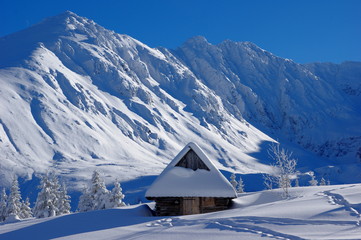 Fototapeta tatrzański zimowy pejzaż z zaśnieżoną chatką w Dolinie Gąsienicowej obraz