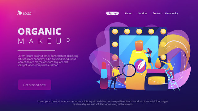 Specialists studying the natural ingredients of organic cosmetics. Organic cosmetics, organic makeup, natural ingredient cosmetics concept. Website vibrant violet landing web page template.