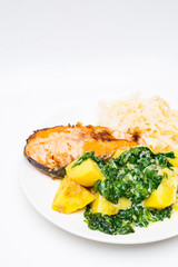 Grilled salmon with potato and spinach