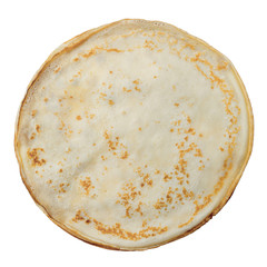 Top view of tasty thin pancake isolated on white background