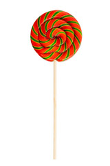 Colorful spiral lollipop isolated on white background. Red green Candy