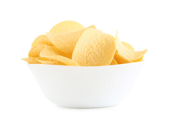 Potato chips in bowl isolated on white background