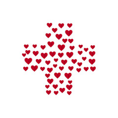Medical vector cross with hearts. White background with for cross of red hearts. Template for your design, card, poster. Valentines composition of the hearts