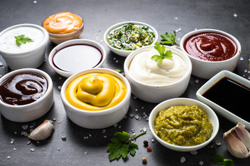 Sauce set assortment - mayonnaise, mustard, ketchup and others.