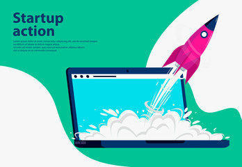 vector image of a rocket taking off from a laptop, a symbol of the startup of business, action