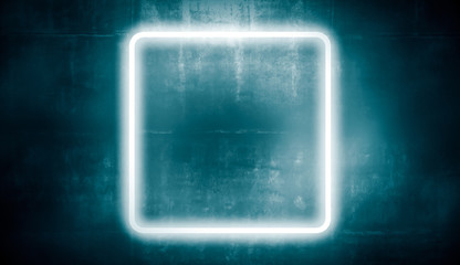 Neon frame abstract square, glowing light on concret wall. 3d rendering.