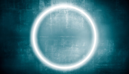Neon frame abstract round, glowing light on concret wall. 3d rendering.