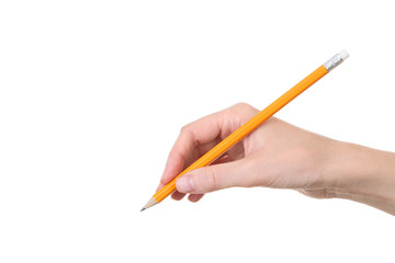 Female hand holding pencil on white background