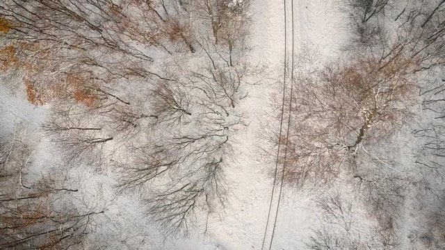 Drone footage over the snowy railway in the woods.
Location: Normafa, Budapest, Hungary 
recorded with a DJI SPARK 1080p