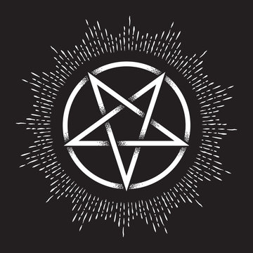 Inverted pentagram or pentalpha or pentangle. Hand drawn dot work ancient pagan symbol of five-pointed star vector illustration. Black work, flash tattoo or print design.